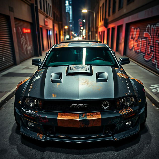 A higher angle view of a 2006 Ford Mustang transformed into a striking rat rod, featuring a very aggressive widebody kit and mismatched body panels that create a unique, rugged appearance