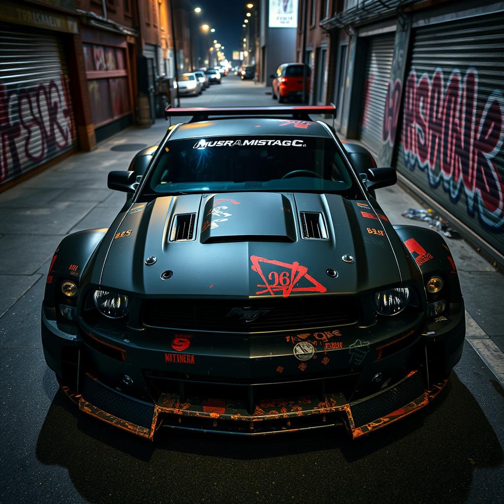 A higher angle view of a 2006 Ford Mustang transformed into a striking rat rod, featuring a very aggressive widebody kit and mismatched body panels that create a unique, rugged appearance