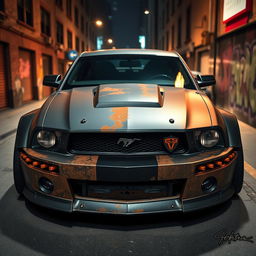 A higher angle view of a 2006 Ford Mustang transformed into a striking rat rod, featuring a very aggressive widebody kit and mismatched body panels that create a unique, rugged appearance