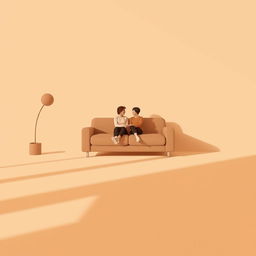 A minimalist scene in warm brown tones featuring a cozy, modern sofa in the center