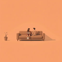A minimalist scene in warm brown tones featuring a cozy, modern sofa in the center