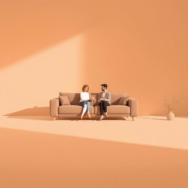 A minimalist scene in warm brown tones featuring a cozy, modern sofa in the center