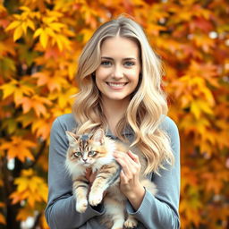 A beautiful, bright, and stylish young woman with gorgeous blond wavy hair, standing against a vibrant background of colorful autumn leaves