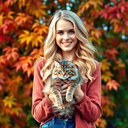 A beautiful, bright, and stylish young woman with gorgeous blond wavy hair, standing against a vibrant background of colorful autumn leaves