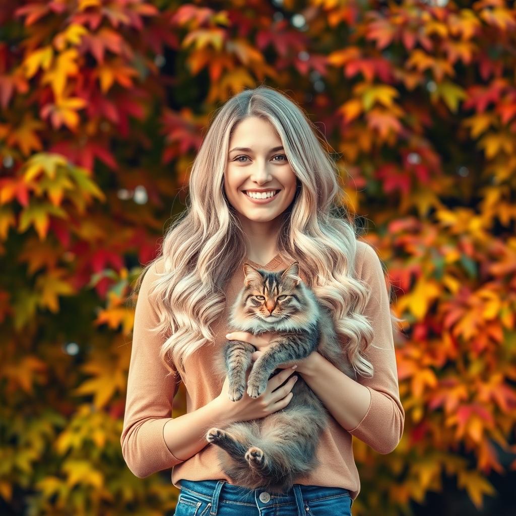 A beautiful, bright, and stylish young woman with gorgeous blond wavy hair, standing against a vibrant background of colorful autumn leaves