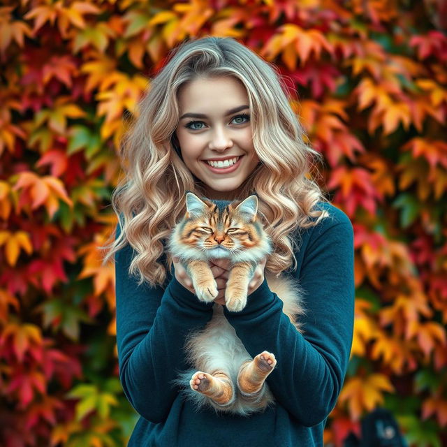 A beautiful, bright, and stylish young woman with gorgeous blond wavy hair, standing against a vibrant background of colorful autumn leaves