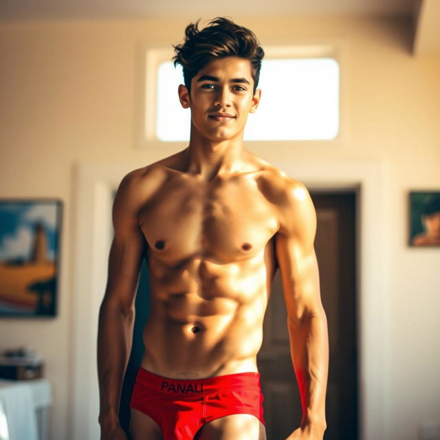 A young Brazilian man, slim and approximately 18 years old, wearing red underwear that is slightly revealing