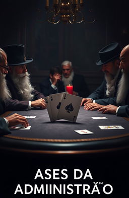A calm and mysterious scene with a poker table at the center, prominently featuring the four aces of a playing card deck