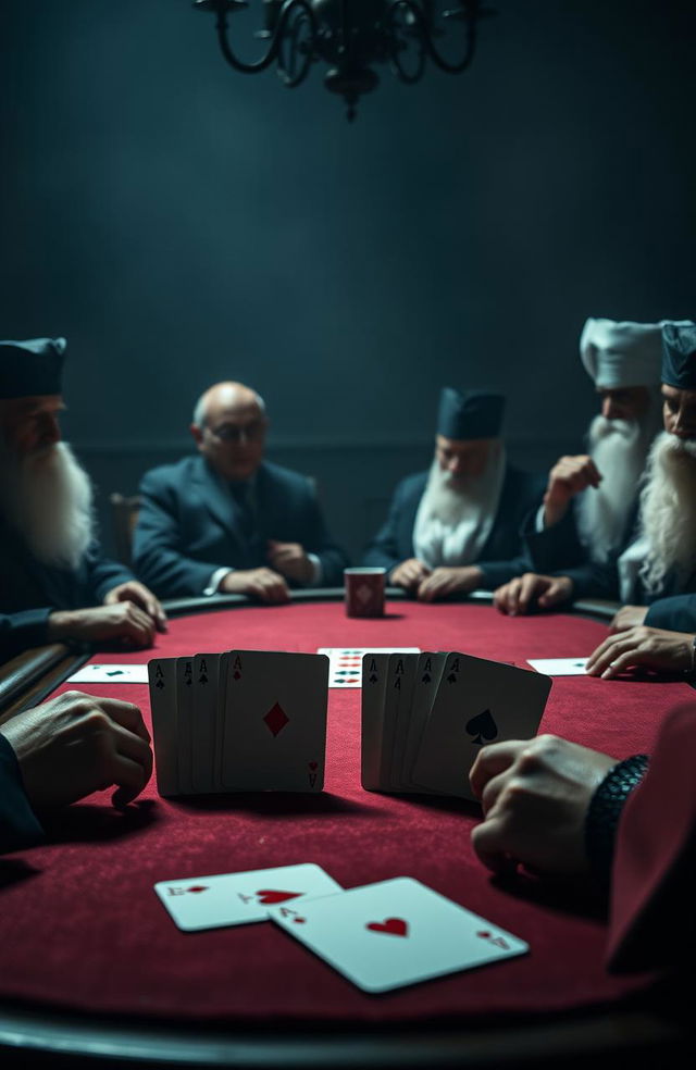 A calm and mysterious scene with a poker table at the center, prominently featuring the four aces of a playing card deck