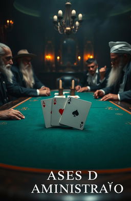 A calm and mysterious scene with a poker table at the center, prominently featuring the four aces of a playing card deck