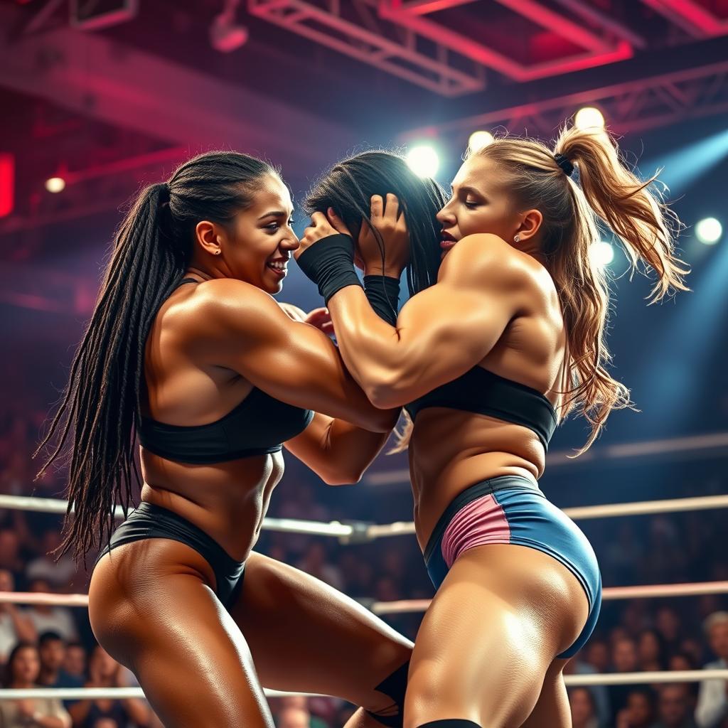 A dynamic and intense scene of two athletic women engaged in a wrestling match, showcasing their muscularity and determination