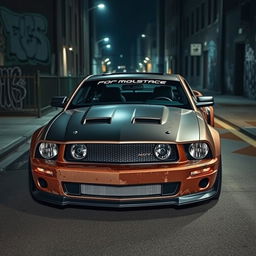 A 2006 Ford Mustang transformed into a rat rod, featuring a very aggressive widebody kit and mismatched body panels, parked in a dark, moody cityscape at night