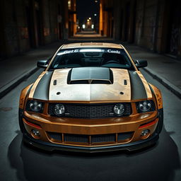 A 2006 Ford Mustang transformed into a rat rod, featuring a very aggressive widebody kit and mismatched body panels, parked in a dark, moody cityscape at night