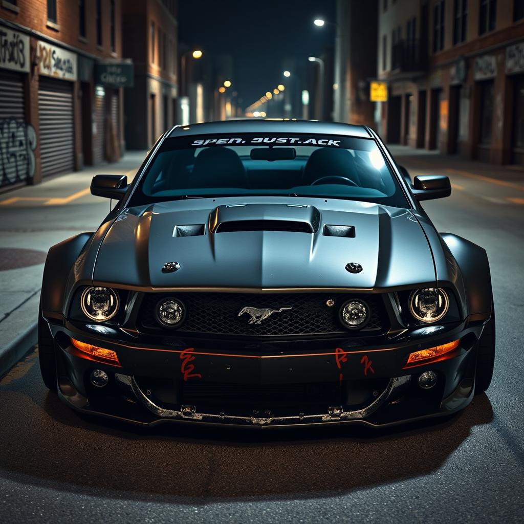 A 2006 Ford Mustang transformed into a rat rod, featuring a very aggressive widebody kit and mismatched body panels, parked in a dark, moody cityscape at night