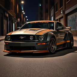A 2006 Ford Mustang transformed into a rat rod, featuring a very aggressive widebody kit and mismatched body panels, parked in a dark, moody cityscape at night