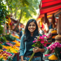 A vibrant and joyful scene of a 15-year-old Indian teenager standing in a colorful market