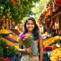 A vibrant and joyful scene of a 15-year-old Indian teenager standing in a colorful market