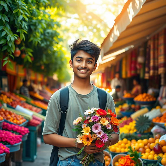 A vibrant and joyful scene of a 15-year-old Indian teenager standing in a colorful market