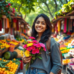 A vibrant and joyful scene of a 15-year-old Indian teenager standing in a colorful market
