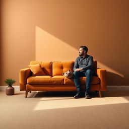 A minimalist scene in warm brown tones featuring a cozy, modern sofa in the center