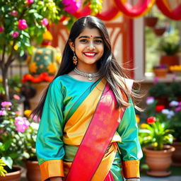 A cheerful scene featuring a 15-year-old Indian girl wearing a stylish, colorful satin blouse paired with a matching skirt, showcasing traditional Indian attire