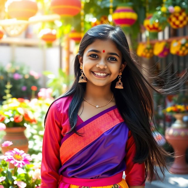 A cheerful scene featuring a 15-year-old Indian girl wearing a stylish, colorful satin blouse paired with a matching skirt, showcasing traditional Indian attire