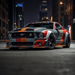 A 2006 Ford Mustang rat rod with a very aggressive widebody kit, featuring mismatched body panels of different colors and textures