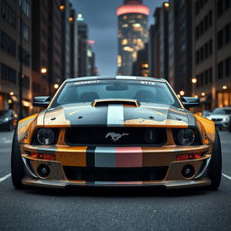 A 2006 Ford Mustang rat rod with a very aggressive widebody kit, featuring mismatched body panels of different colors and textures