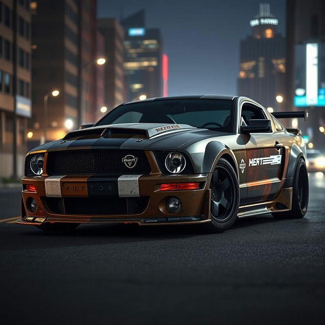 A 2006 Ford Mustang rat rod with a very aggressive widebody kit, featuring mismatched body panels of different colors and textures