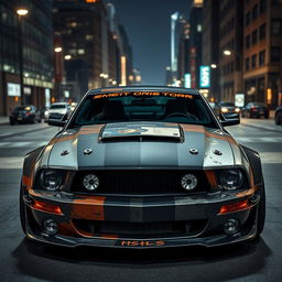 A 2006 Ford Mustang rat rod with a very aggressive widebody kit, featuring mismatched body panels of different colors and textures