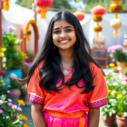 A cheerful scene featuring a 15-year-old Indian girl wearing a stylish, colorful satin blouse paired with a matching skirt, showcasing traditional Indian attire