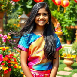 A cheerful scene featuring a 15-year-old Indian girl wearing a stylish, colorful satin blouse paired with a matching skirt, showcasing traditional Indian attire