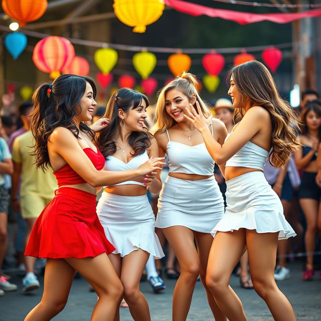 An exciting and visually captivating scene featuring two women in red mini skirts and two women in white mini skirts, showcasing a playful yet competitive atmosphere