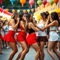 An exciting and visually captivating scene featuring two women in red mini skirts and two women in white mini skirts, showcasing a playful yet competitive atmosphere