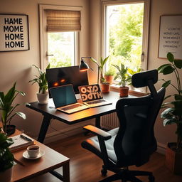 A cozy home office setup featuring a sleek computer desk with a high-end laptop, comfortable ergonomic chair, and vibrant indoor plants