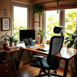 A cozy home office setup featuring a sleek computer desk with a high-end laptop, comfortable ergonomic chair, and vibrant indoor plants
