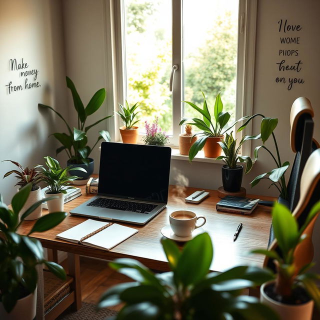 A cozy home office setup featuring a sleek computer desk with a high-end laptop, comfortable ergonomic chair, and vibrant indoor plants