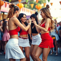 An exciting and visually captivating scene featuring two women in red mini skirts and two women in white mini skirts, showcasing a playful yet competitive atmosphere