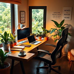 A cozy home office setup featuring a sleek computer desk with a high-end laptop, comfortable ergonomic chair, and vibrant indoor plants