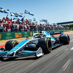 A striking Formula 1 race car driven by FW Williams in 2024, featuring a unique livery dominated by the colors of the Argentine flag, blue and white stripes beautifully integrated into the sleek aerodynamic design of the car