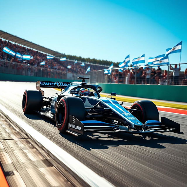 A striking Formula 1 race car driven by FW Williams in 2024, featuring a unique livery dominated by the colors of the Argentine flag, blue and white stripes beautifully integrated into the sleek aerodynamic design of the car