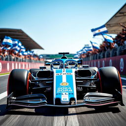 A striking Formula 1 race car driven by FW Williams in 2024, featuring a unique livery dominated by the colors of the Argentine flag, blue and white stripes beautifully integrated into the sleek aerodynamic design of the car