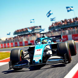 A striking Formula 1 race car driven by FW Williams in 2024, featuring a unique livery dominated by the colors of the Argentine flag, blue and white stripes beautifully integrated into the sleek aerodynamic design of the car