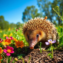 A beautifully detailed portrait of an echidna in its natural habitat, surrounded by lush greenery and colorful wildflowers