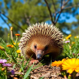 A beautifully detailed portrait of an echidna in its natural habitat, surrounded by lush greenery and colorful wildflowers