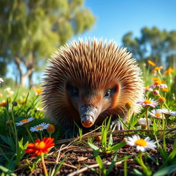 A beautifully detailed portrait of an echidna in its natural habitat, surrounded by lush greenery and colorful wildflowers