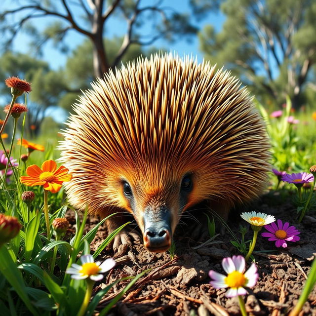 A beautifully detailed portrait of an echidna in its natural habitat, surrounded by lush greenery and colorful wildflowers