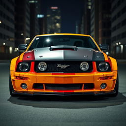 A 2006 Ford Mustang rat rod, equipped with a very aggressive widebody kit and mismatched body panels in contrasting colors, set against a dark city backdrop