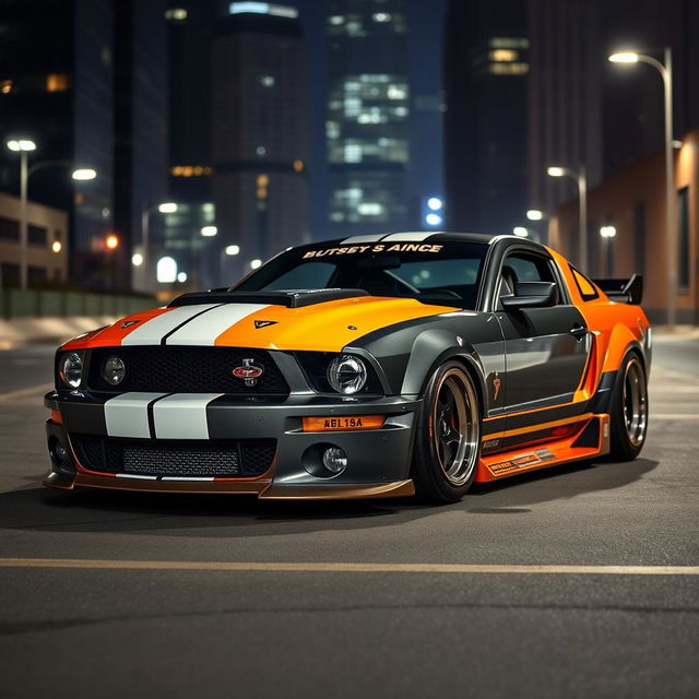 A 2006 Ford Mustang rat rod, equipped with a very aggressive widebody kit and mismatched body panels in contrasting colors, set against a dark city backdrop