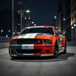 A 2006 Ford Mustang rat rod, equipped with a very aggressive widebody kit and mismatched body panels in contrasting colors, set against a dark city backdrop
